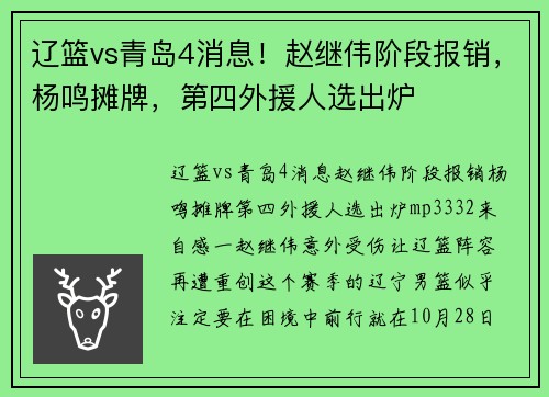 辽篮vs青岛4消息！赵继伟阶段报销，杨鸣摊牌，第四外援人选出炉