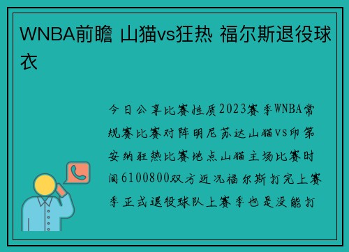 WNBA前瞻 山猫vs狂热 福尔斯退役球衣