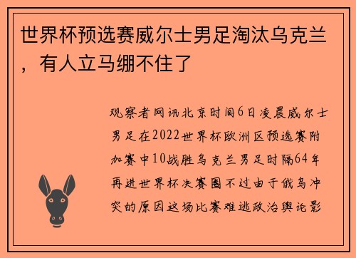 世界杯预选赛威尔士男足淘汰乌克兰，有人立马绷不住了